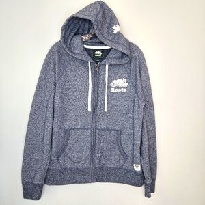 Roots Canada Zip Up‎ Hoodie Sweater Jacket Heathered Blue Logo Maple Leaf Large
